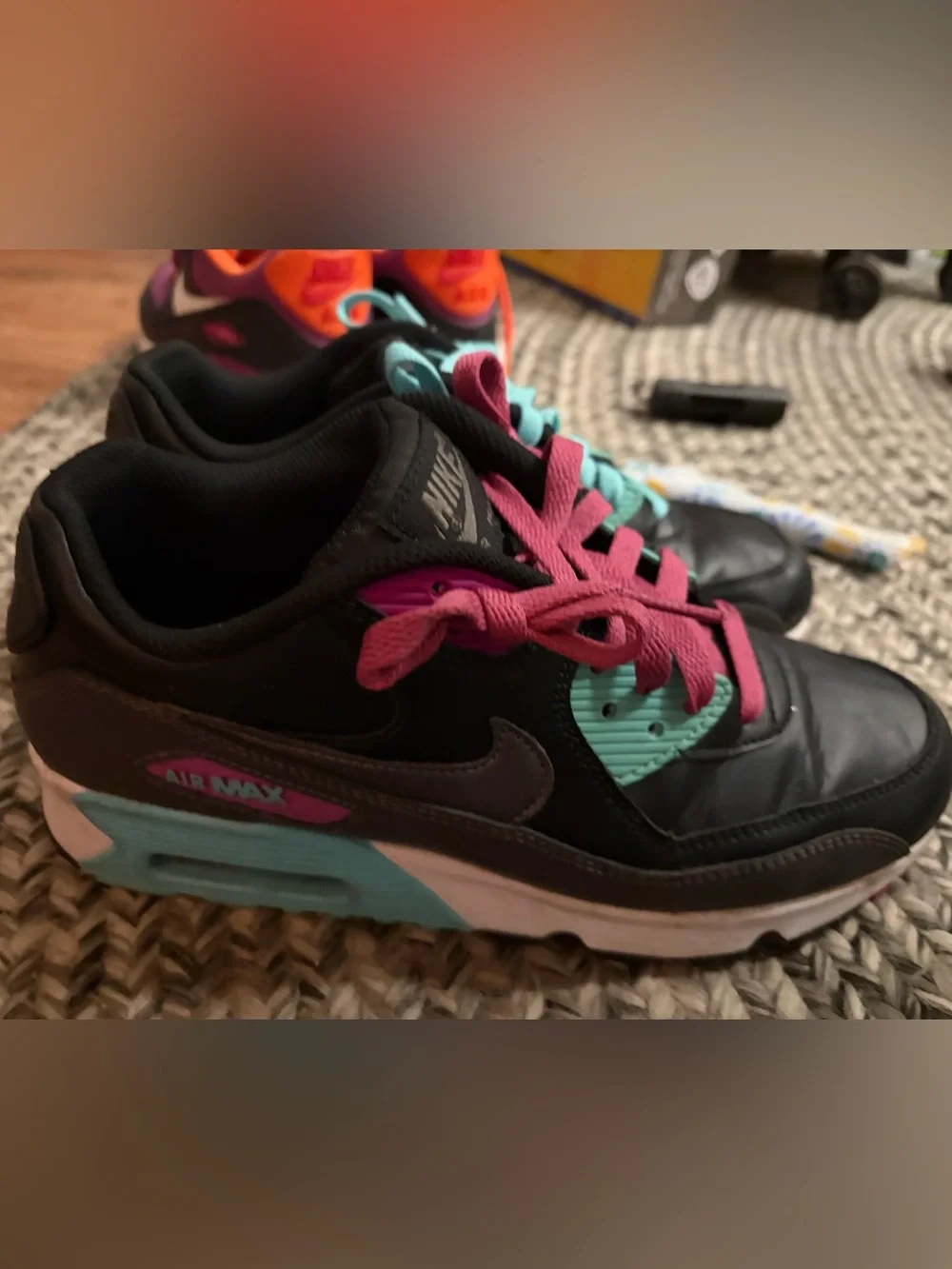 Nike air max 90s size 7 youth Black Sneakers with Pink and Light Blue Laces